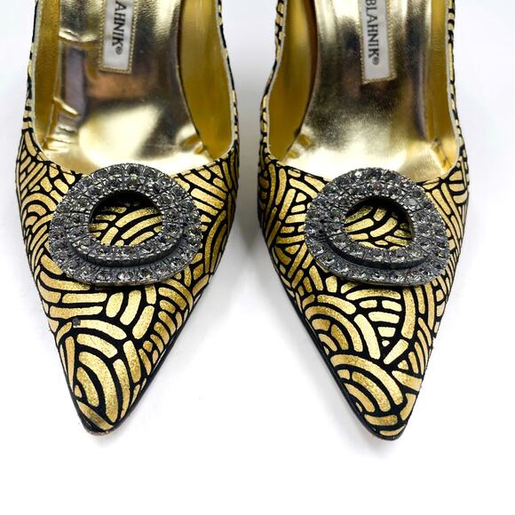 Manolo Blahnik Descortes Crystal Pumps Gold Black Pointed Heels Sz 37 / 7 - Picture 4 of 11